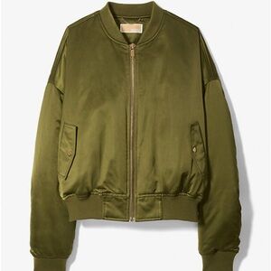 Michael Kors Olive Green Satin Gold Zip-Up Bomber Jacket